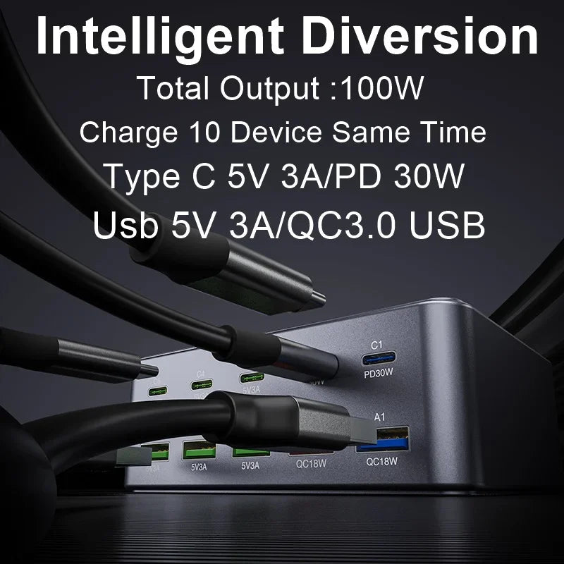 100W Universal Multi USB Type C Charger 10 Port USB QC3.0 PD Charging Station For Ipad Iphone 16 15 14 13 Pro Max Samsung Tablet