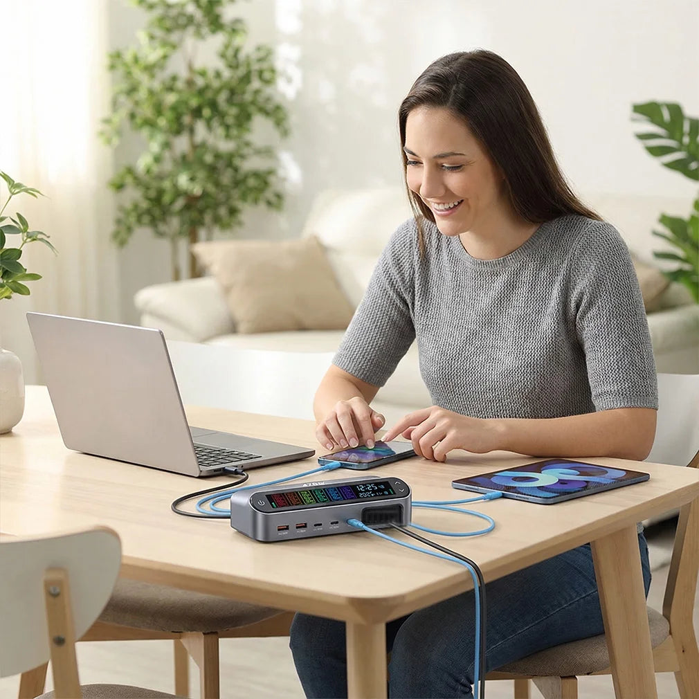 Meenova 470W/405W GaN Desktop Charger, Multi-Port Fast Charging Station with LCD Display, 140W USB-C Port, Comes with 65W Retractable Charging Cable