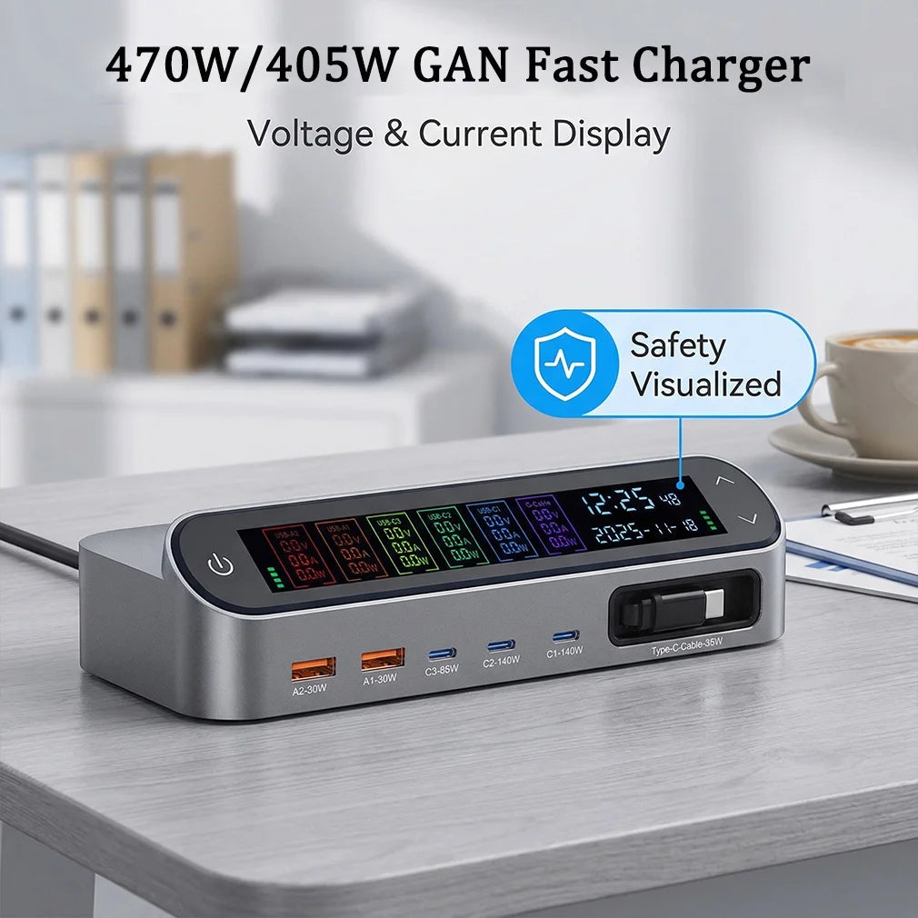 Meenova 470W/405W GaN Desktop Charger, Multi-Port Fast Charging Station with LCD Display, 140W USB-C Port, Comes with 65W Retractable Charging Cable