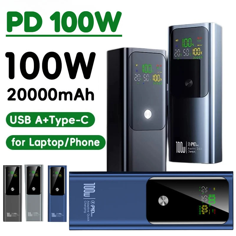 For Laptop PD 100W Power Bank 20000mAh External Battery Capacity Fast Charging Portable Charger Powerbank For iPhone 17 16 Samsung