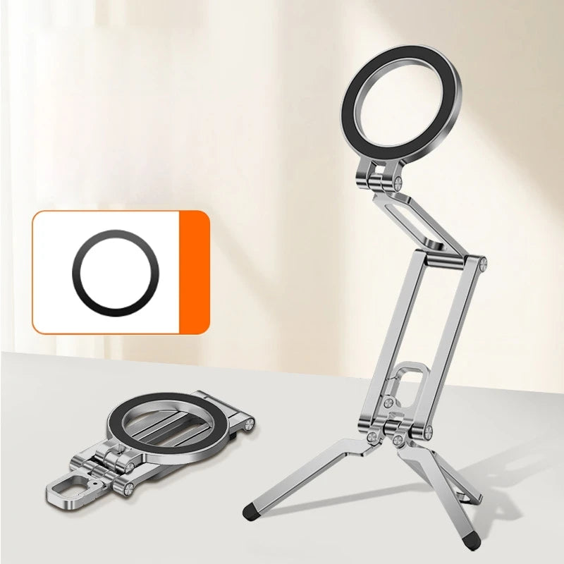 Meenova Double Folding Magsafe Phone Tripod, Quick Mount Compact Aluminum Alloy Adjustable Stand, Multi-Functional Portable Holder for Outdoor Photography Vlogging Travel, Compatible with iPhone, Gray Silver Orange Available
