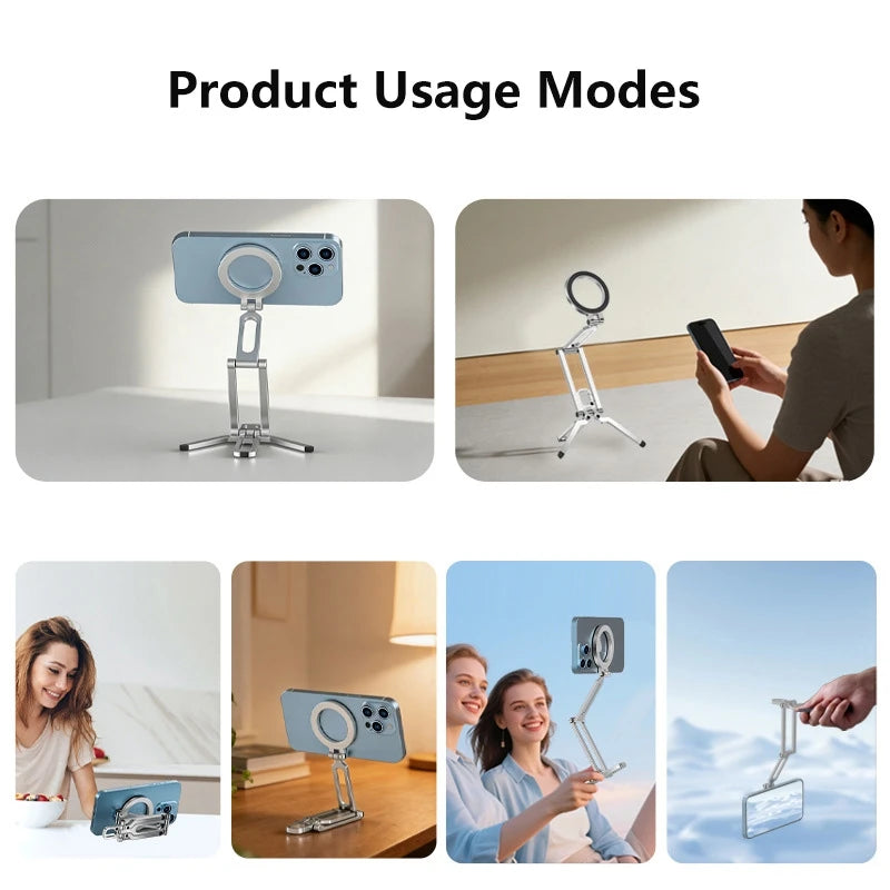 Meenova Double Folding Magsafe Phone Tripod, Quick Mount Compact Aluminum Alloy Adjustable Stand, Multi-Functional Portable Holder for Outdoor Photography Vlogging Travel, Compatible with iPhone, Gray Silver Orange Available