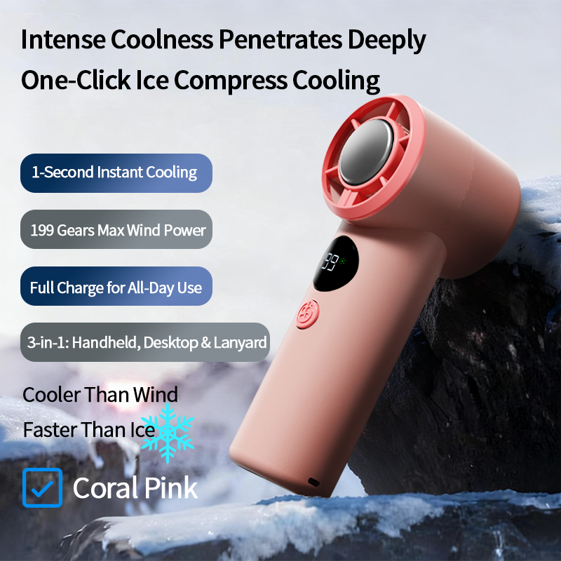 DF89 199-Speed Ice Cooling Handheld Fan, Portable Rechargeable Mini Fan with Cooling Plate, LED Battery Display and Strong Airflow