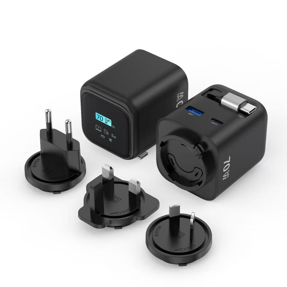 Meenova 70W GaN AI Smart Display Charger with Built-in Retractable USB-C Cable, Dual Ports Fast Charging Adapter for Phone, Tablet & Laptop