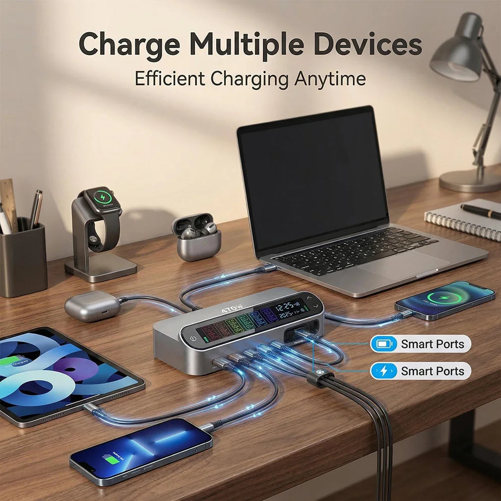 Meenova 470W/405W GaN Desktop Charger, Multi-Port Fast Charging Station with LCD Display, 140W USB-C Port, Comes with 65W Retractable Charging Cable