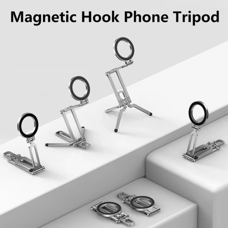 Meenova Double Folding Magsafe Phone Tripod, Quick Mount Compact Aluminum Alloy Adjustable Stand, Multi-Functional Portable Holder for Outdoor Photography Vlogging Travel, Compatible with iPhone, Gray Silver Orange Available