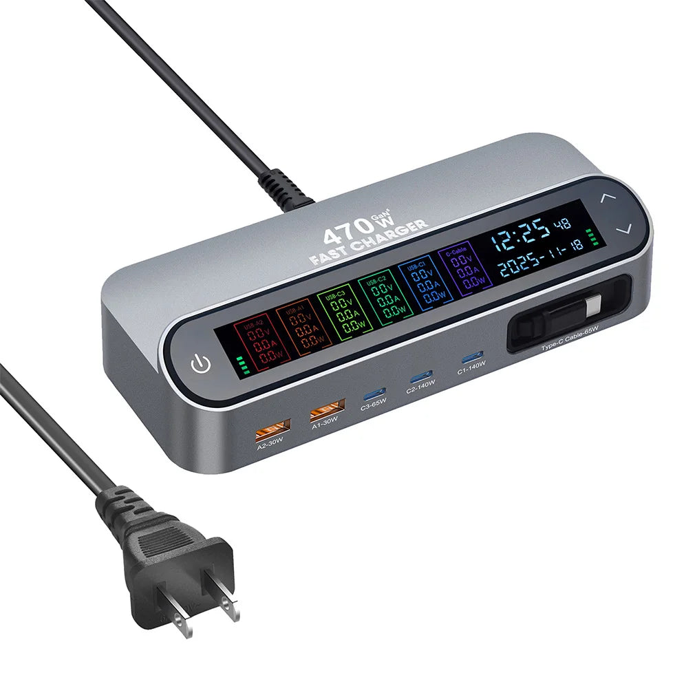 Meenova 470W/405W GaN Desktop Charger, Multi-Port Fast Charging Station with LCD Display, 140W USB-C Port, Comes with 65W Retractable Charging Cable
