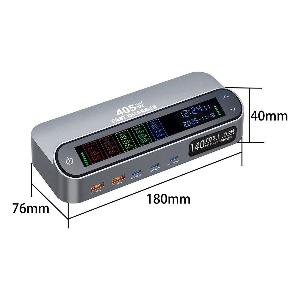Meenova 470W/405W GaN Desktop Charger, Multi-Port Fast Charging Station with LCD Display, 140W USB-C Port, Comes with 65W Retractable Charging Cable
