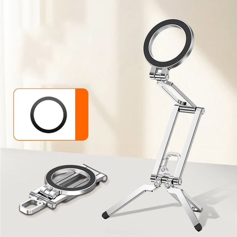 Meenova Double Folding Magsafe Phone Tripod, Quick Mount Compact Aluminum Alloy Adjustable Stand, Multi-Functional Portable Holder for Outdoor Photography Vlogging Travel, Compatible with iPhone, Gray Silver Orange Available