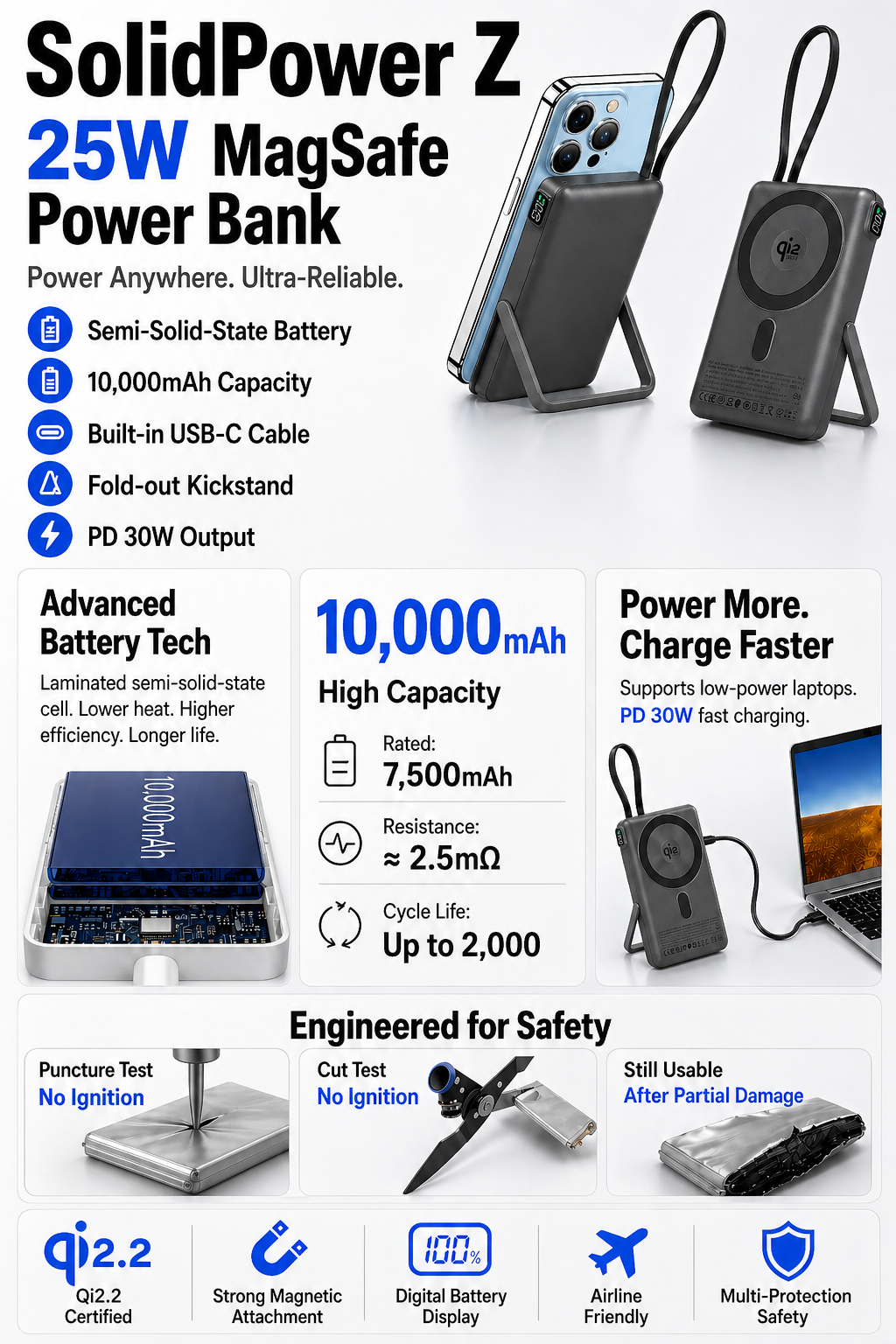 Meenova SolidPower Z 10000mAh MagSafe Power Bank – 30W USB-C, 25W Magnetic Wireless, Built-In Cable & Stand