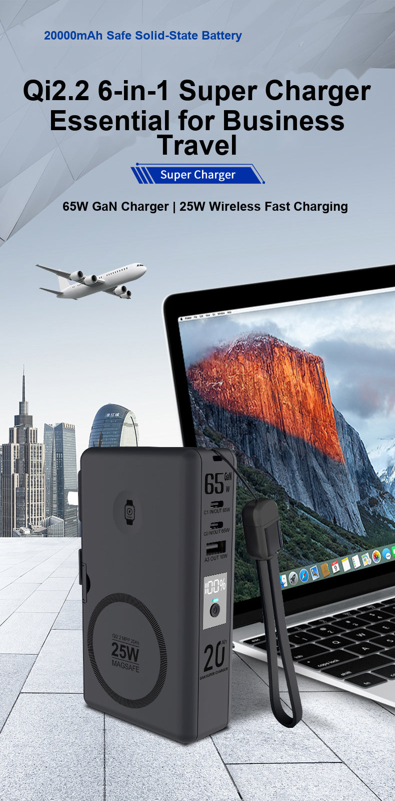 SolidPower – 65W 5-in-1 MagSafe Travel Power Bank, Airplane/Train/Subway Ready, Apple & Samsung Compatible, 5000mAh/10000mAh/20000mAh, 25W Qi2.2 Wireless & PD Fast Charging, Foldable Wall Plug, Semi-Solid-State Battery, High Safety, Charges When Damaged