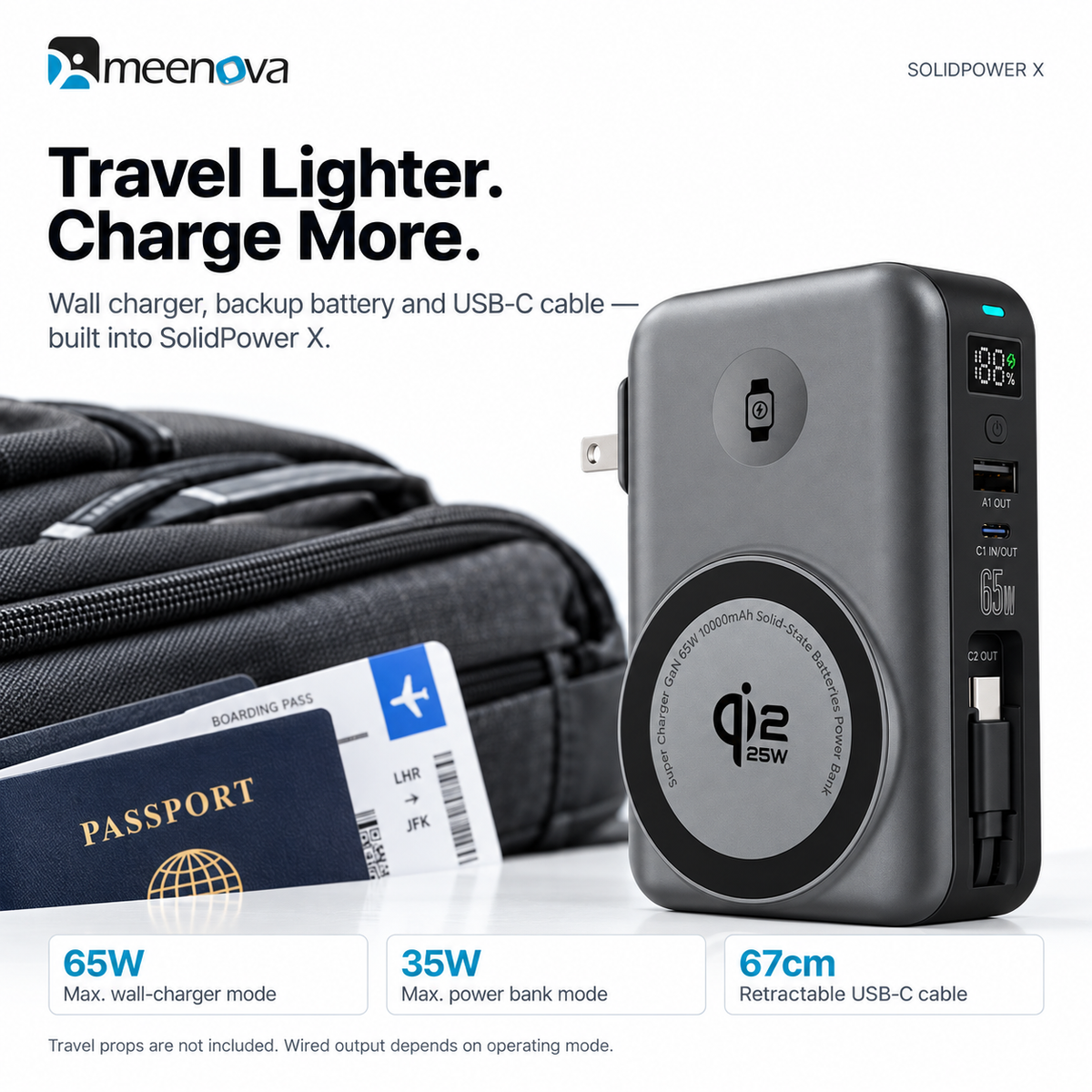 Meenova SolidPower X 10000mAh 5-in-1 Magnetic Power Bank & 65W Wall Charger, 25W Qi2.2, Built-In USB-C Cable