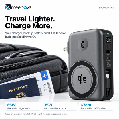 Meenova SolidPower X 10000mAh 5-in-1 Magnetic Power Bank & 65W Wall Charger, 25W Qi2.2, Built-In USB-C Cable
