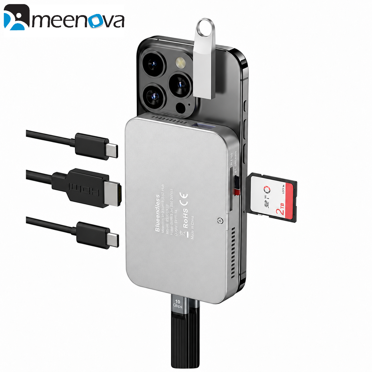 Meenova Magnetic M.2 NVMe SSD Enclosure Hub for iPhone 18 Pro Max, iPhone 18 & iPhone Duo, 10Gbps, 4K60 HDMI, 100W PD, SD/TF, Cooling Fan, Up to 8TB