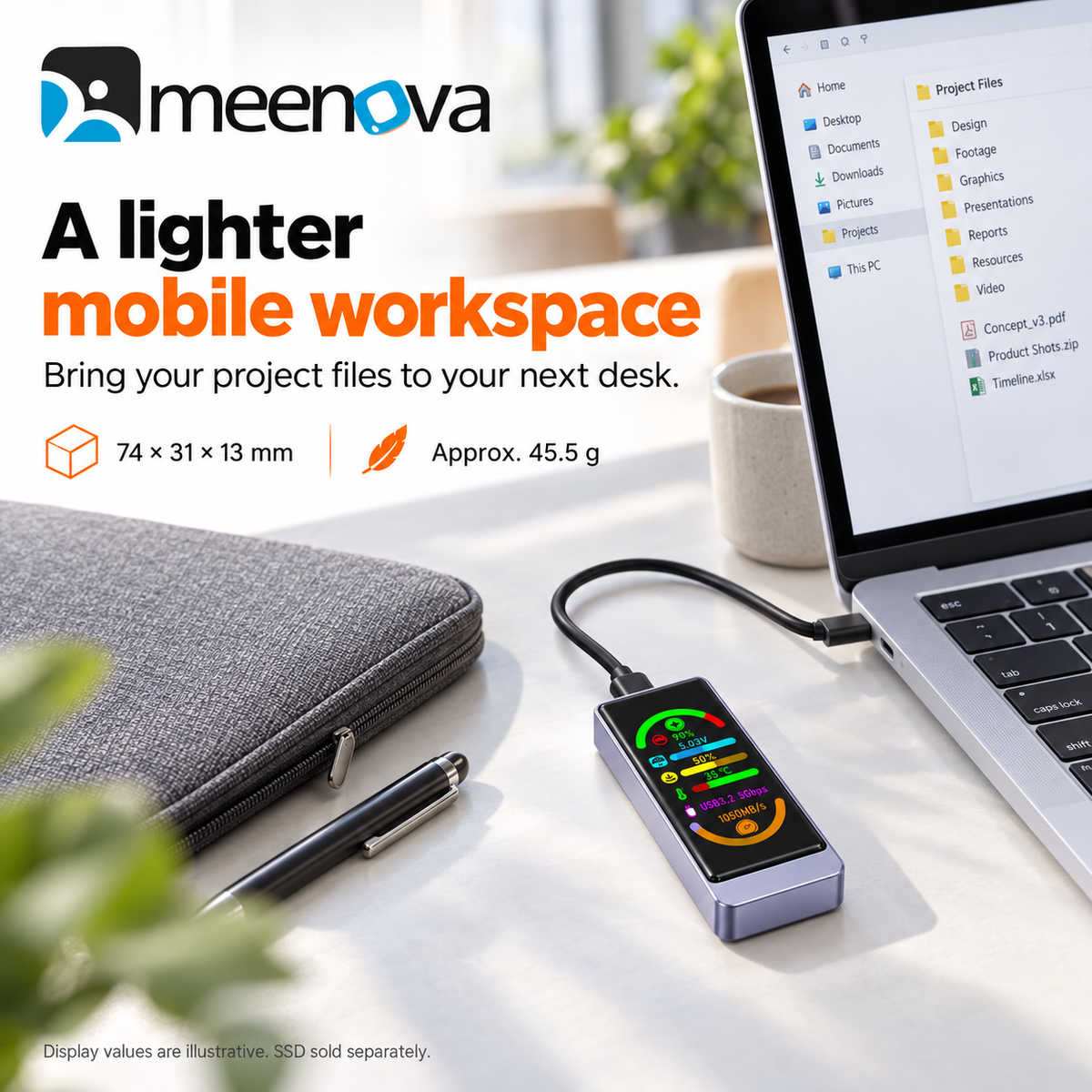 Meenova Smart Color Display M.2 SSD Enclosure, USB 3.2 Gen 2 10Gbps, NVMe/SATA, Real-Time Drive Health & Speed Monitor, Touch Encryption Options