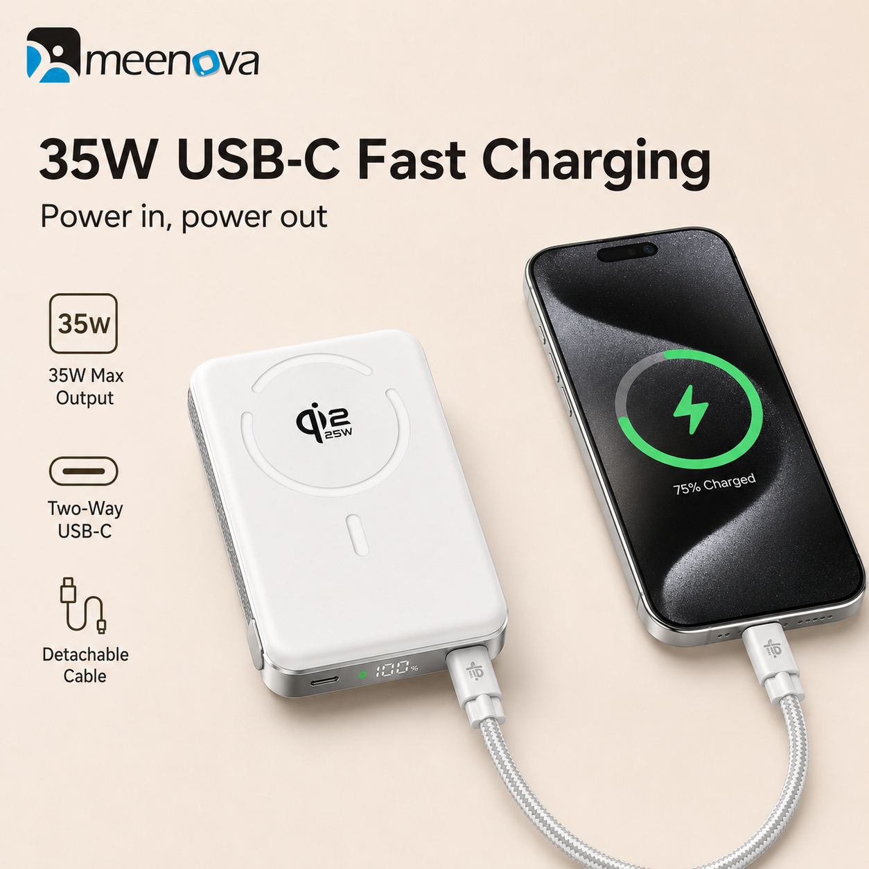 Meenova Qi2.2 25W Magnetic Power Bank 10000mAh with 35W PD Fast Charging, Detachable USB-C Cable & Kickstand