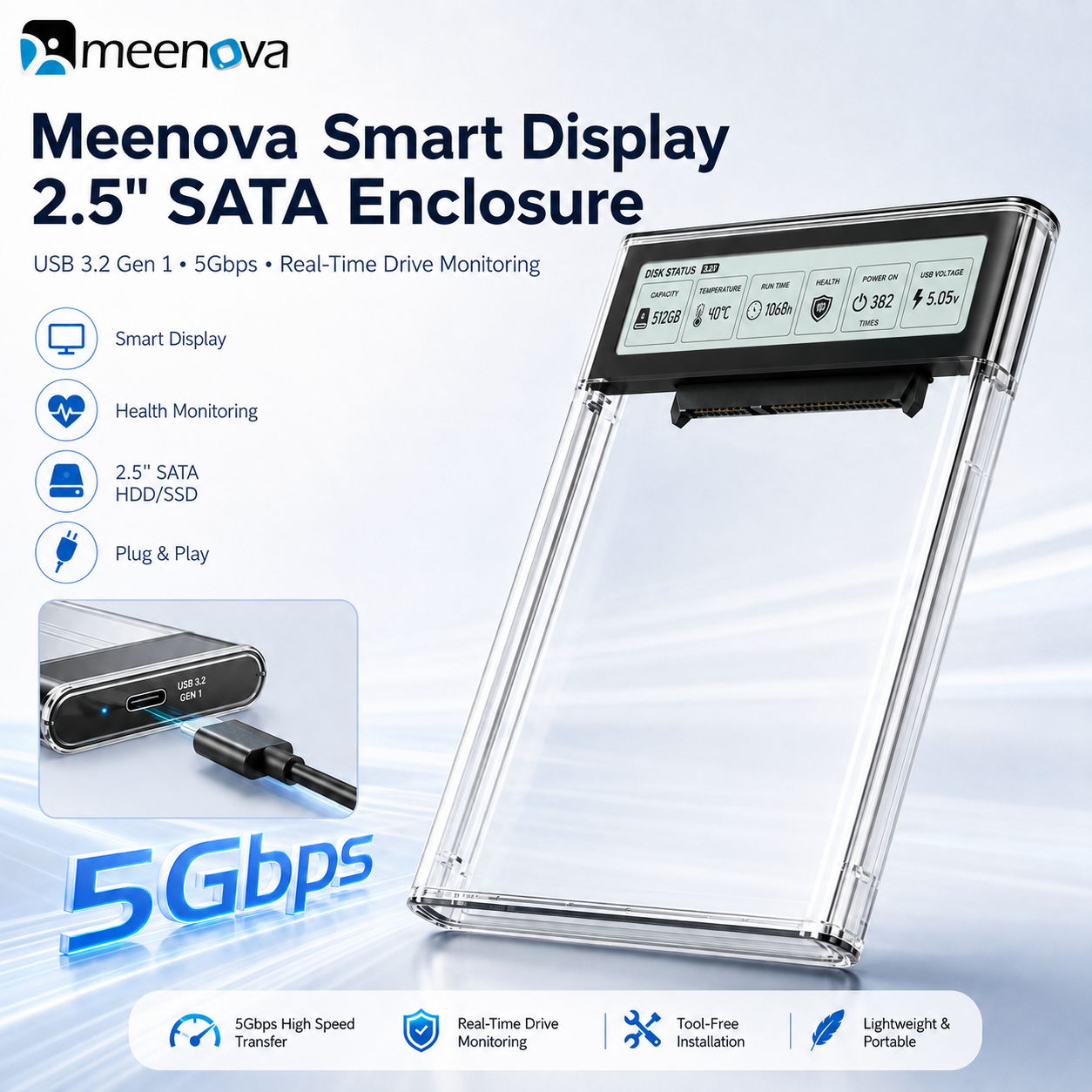 Meenova Smart Display 2.5" SATA HDD/SSD Enclosure – USB 3.2 Gen 1 5Gbps, Real-Time Drive Monitoring, Tool-Free External Hard Drive Case