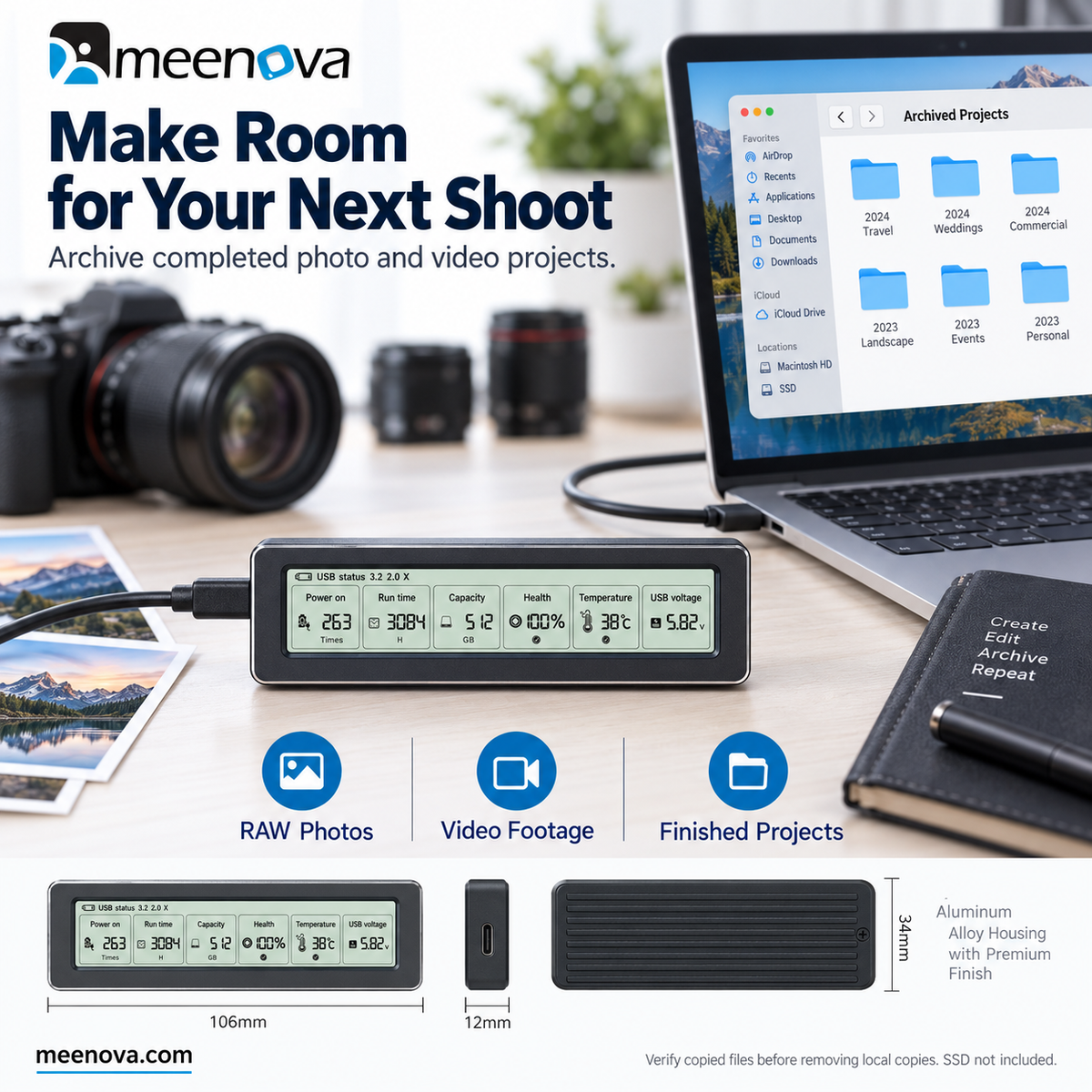 Meenova Smart Display M.2 NVMe SSD Enclosure, USB 3.2 Gen 2 10Gbps, All-Aluminum, M-Key & B+M Key, 2230/2242/2260/2280, Up to 8TB