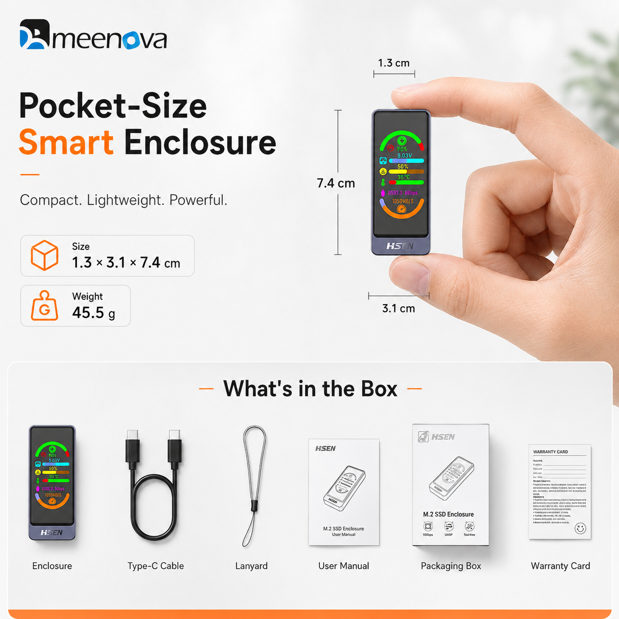 Meenova Smart Color Display M.2 SSD Enclosure, USB 3.2 Gen 2 10Gbps, NVMe/SATA, Real-Time Drive Health & Speed Monitor, Touch Encryption Options