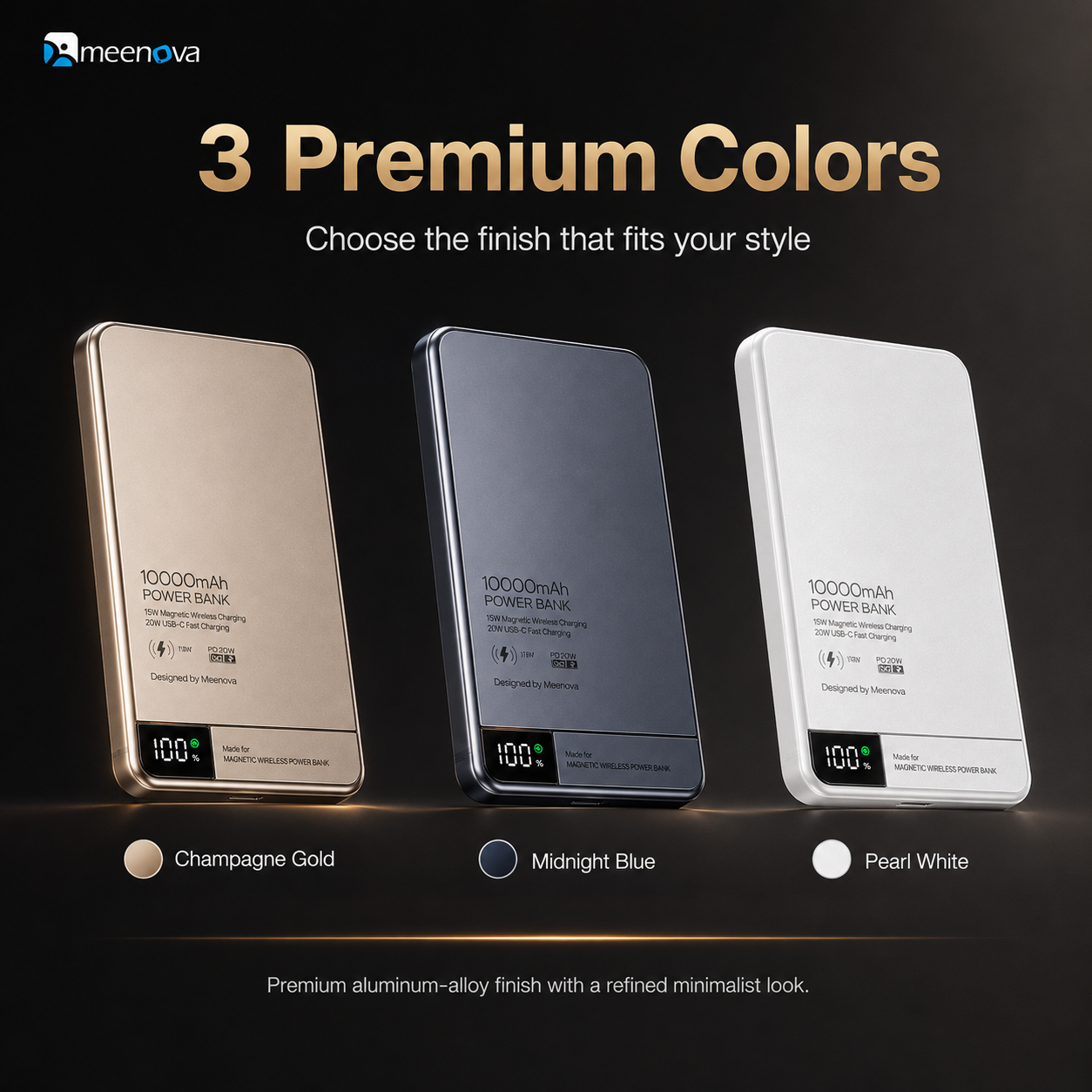 Meenova Ultra-Slim Magnetic Power Bank 5000mAh/10000mAh, 15W Wireless & 20W USB-C PD Fast Charging, Aluminum Alloy Portable Battery Pack