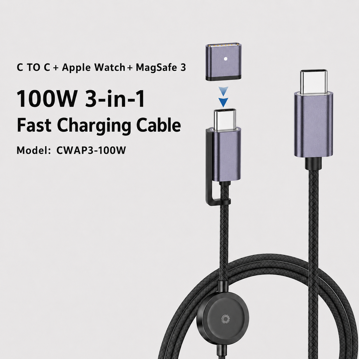 Meenova 100W 3-in-1 USB-C Cable with Apple Watch Charger & MagSafe 3 Adapter, 1.5m Braided PD Data Cable for iPhone 18 Pro Max, iPhone Duo & More
