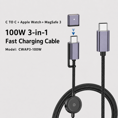 Meenova 100W 3-in-1 USB-C Cable with Apple Watch Charger & MagSafe 3 Adapter, 1.5m Braided PD Data Cable for iPhone 18 Pro Max, iPhone Duo & More