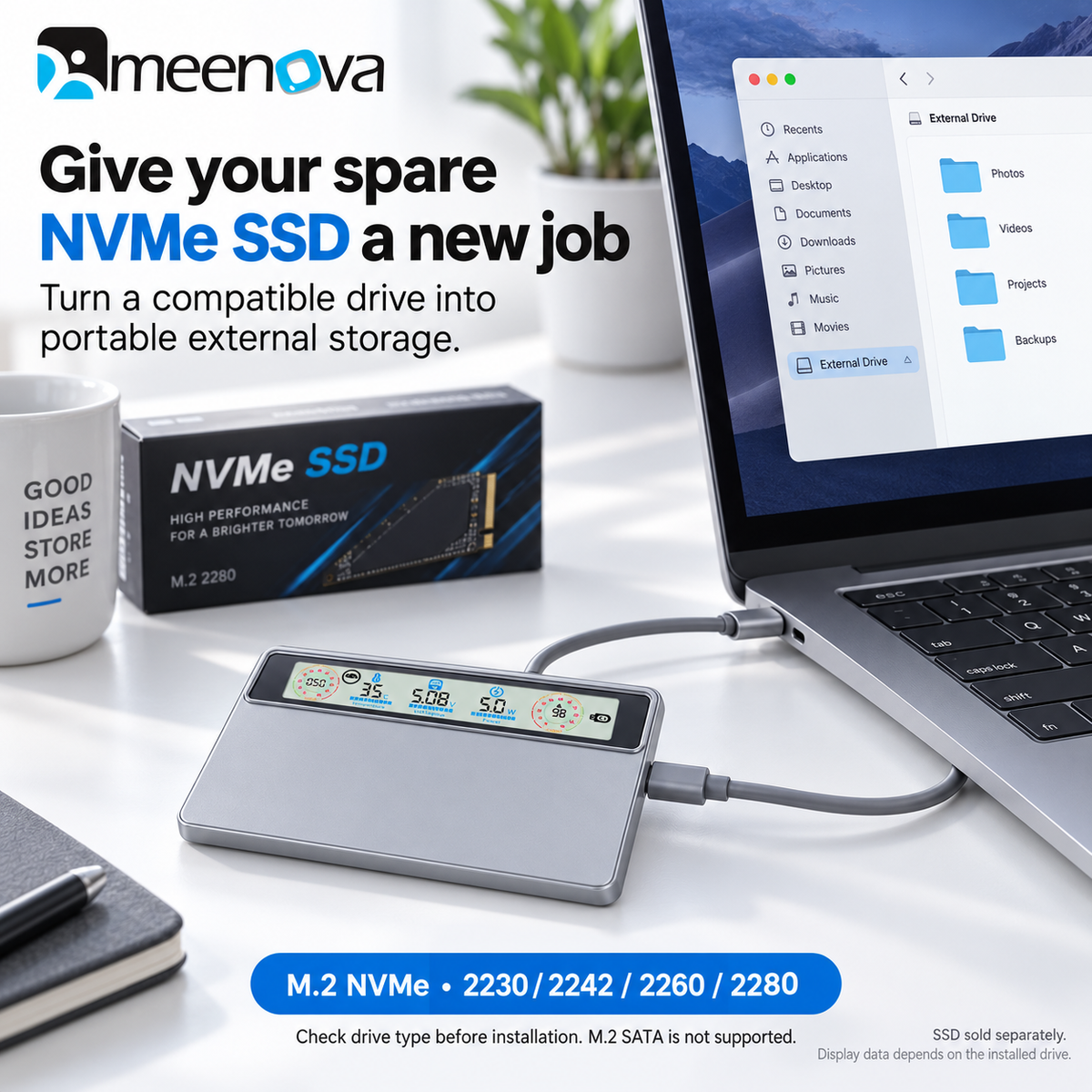 Meenova Smart Display M.2 NVMe SSD Enclosure, USB 3.2 Gen 2 10Gbps, Real-Time Speed, Health & Temperature Monitor, CNC Aluminum, 2230/2242/2260/2280