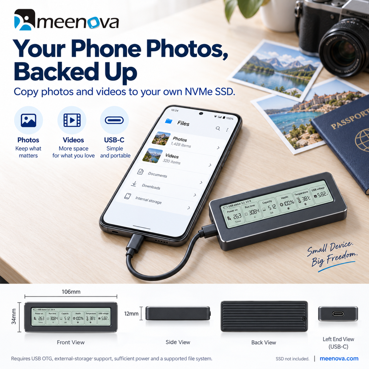 Meenova Smart Display M.2 NVMe SSD Enclosure, USB 3.2 Gen 2 10Gbps, All-Aluminum, M-Key & B+M Key, 2230/2242/2260/2280, Up to 8TB