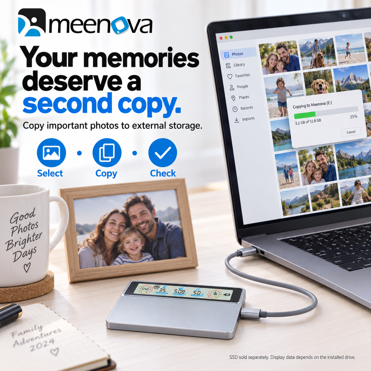 Meenova Smart Display M.2 NVMe SSD Enclosure, USB 3.2 Gen 2 10Gbps, Real-Time Speed, Health & Temperature Monitor, CNC Aluminum, 2230/2242/2260/2280
