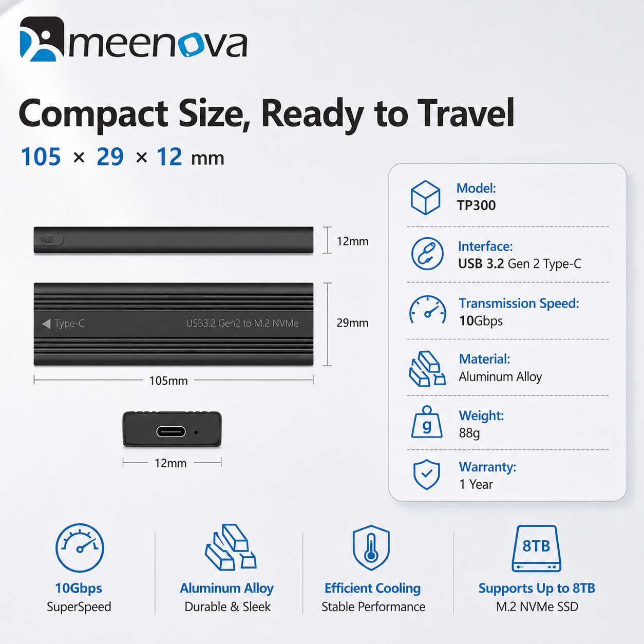 Meenova 10Gbps M.2 NVMe SSD Enclosure with C-C-A Cable – USB 3.2 Gen 2 Type-C Tool-Free Aluminum Case