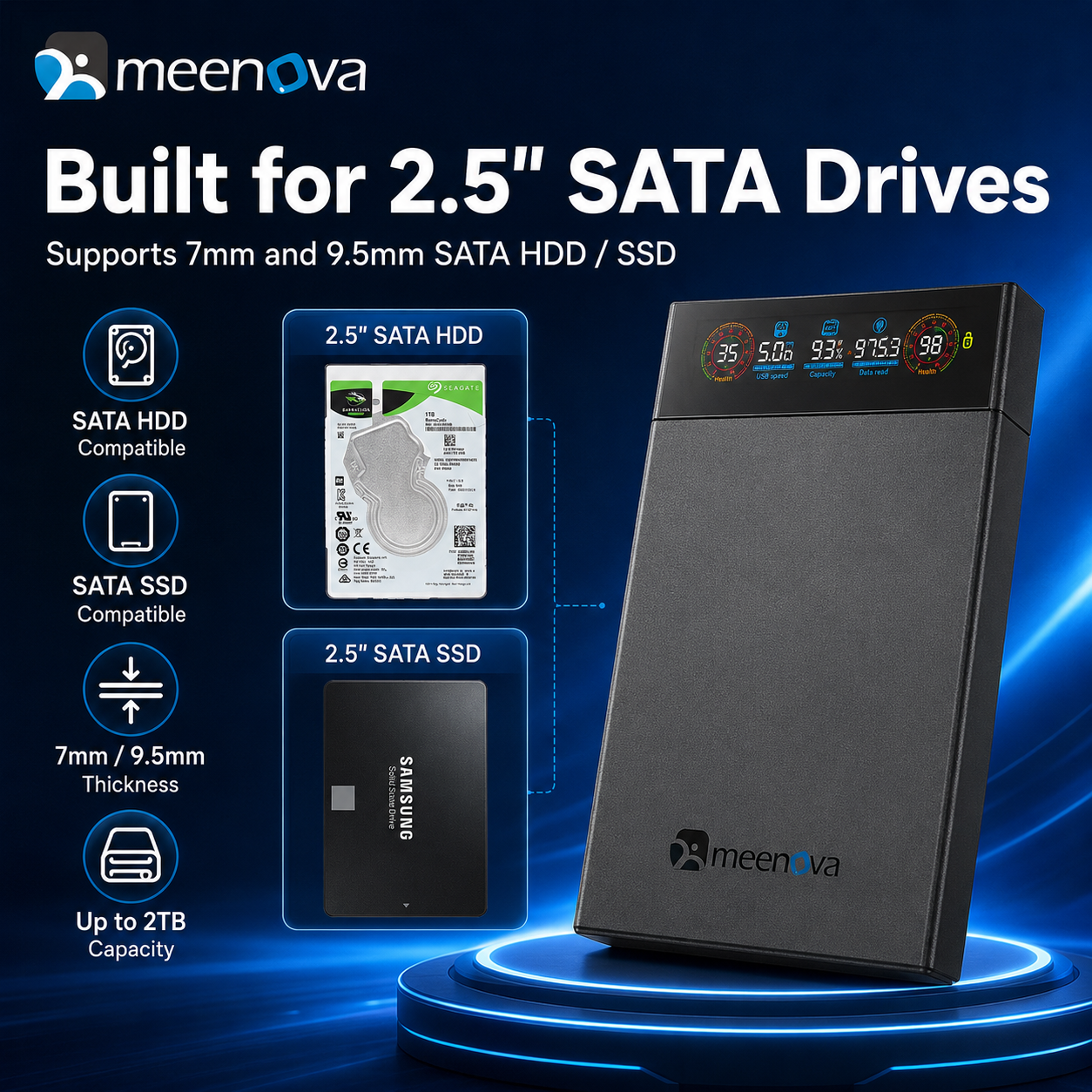 Meenova 2.5" Smart Display SATA HDD/SSD Enclosure, USB 3.2 Gen 1 5Gbps External Hard Drive Case with Real-Time Health, Temperature, Voltage & Capacity Monitoring, for 7mm/9.5mm SATA Drives