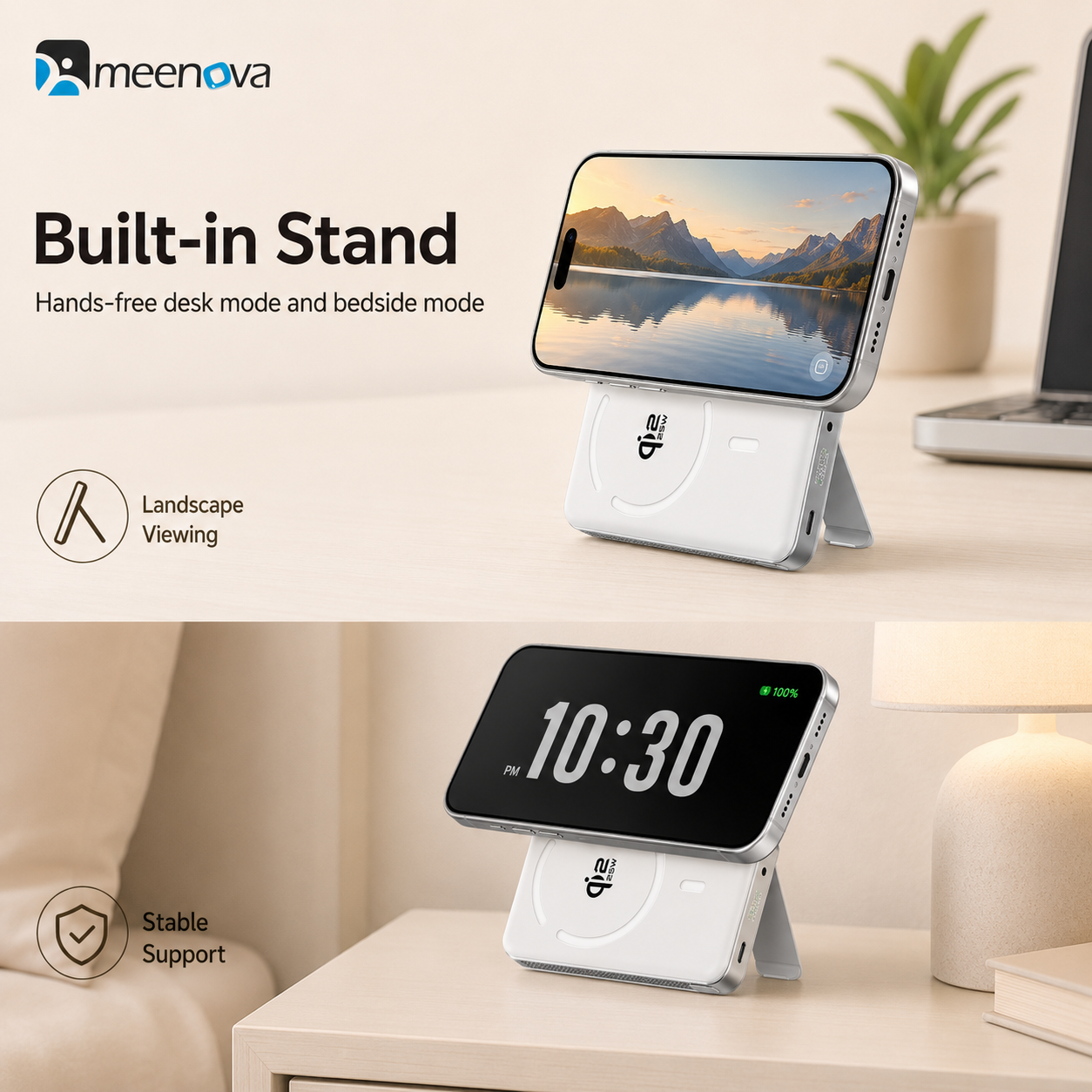 Meenova Qi2.2 25W Magnetic Power Bank 10000mAh with 35W PD Fast Charging, Detachable USB-C Cable & Kickstand