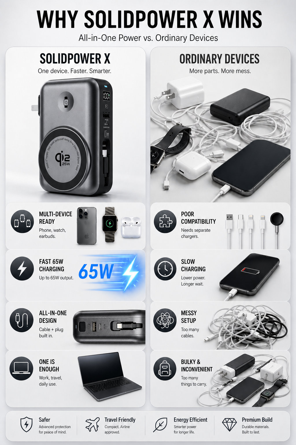 Meenova SolidPower X – 65W 5-in-1 Solid-State MagSafe Power Bank 10000 mAh with Qi2.2 25W Wireless Charging for iPhone 17 Pro Max, Apple Watch, AirPods, Laptop, Built-in Cable, LED Display, Stand