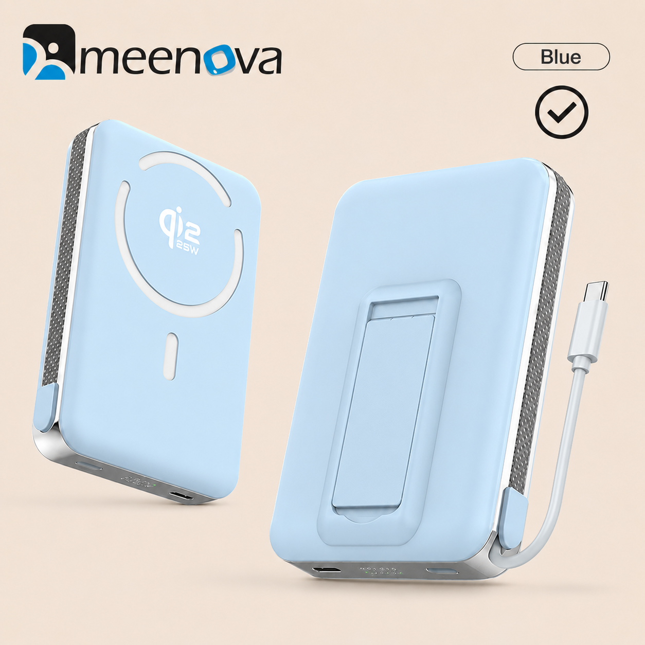 Meenova Qi2.2 25W Magnetic Power Bank 10000mAh with 35W PD Fast Charging, Detachable USB-C Cable & Kickstand