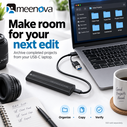 Meenova 10Gbps M.2 NVMe SSD Enclosure with C-C-A Cable – USB 3.2 Gen 2 Type-C Tool-Free Aluminum Case