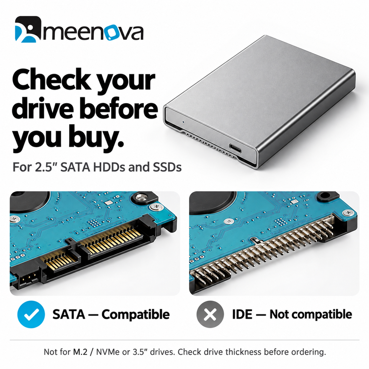 Meenova 2.5-Inch SATA HDD/SSD Enclosure, USB-C 5Gbps Aluminum Case with 2-in-1 Cable