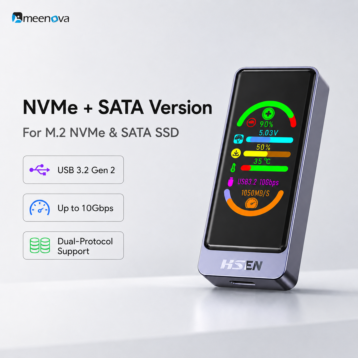 Meenova Smart Color Display M.2 SSD Enclosure, USB 3.2 Gen 2 10Gbps, NVMe/SATA, Real-Time Drive Health & Speed Monitor, Touch Encryption Options