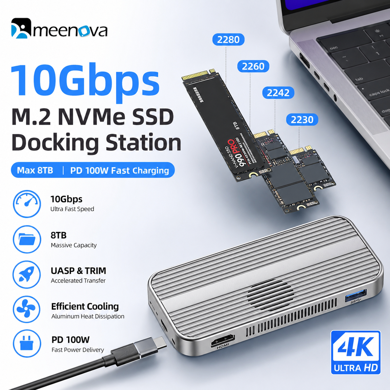 Meenova Magnetic M.2 NVMe/SATA SSD Enclosure & 6-in-1 USB-C Dock – 10Gbps, 4K@60Hz HDMI, PD 100W, SD/TF, Up to 8TB