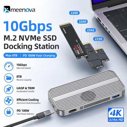 Meenova Magnetic M.2 NVMe/SATA SSD Enclosure MagSafe & 6-in-1 HUB USB-C Dock – 10Gbps, 4K@60Hz HDMI, PD 100W, SD/TF, Up to 4TB
