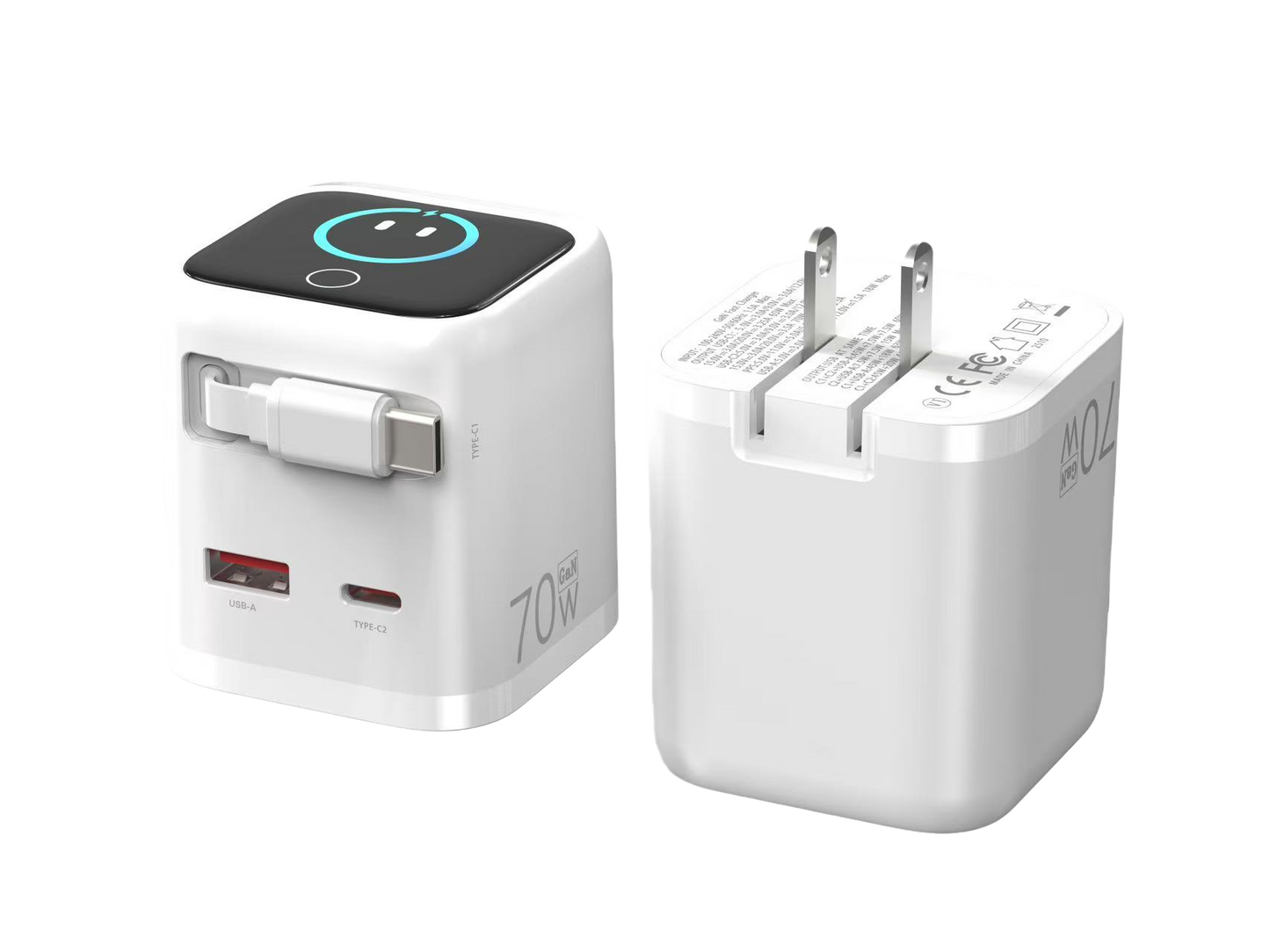 Meenova 70W GaN AI Smart Display Charger with Built-in Retractable USB-C Cable, Dual Ports Fast Charging Adapter for Phone, Tablet & Laptop