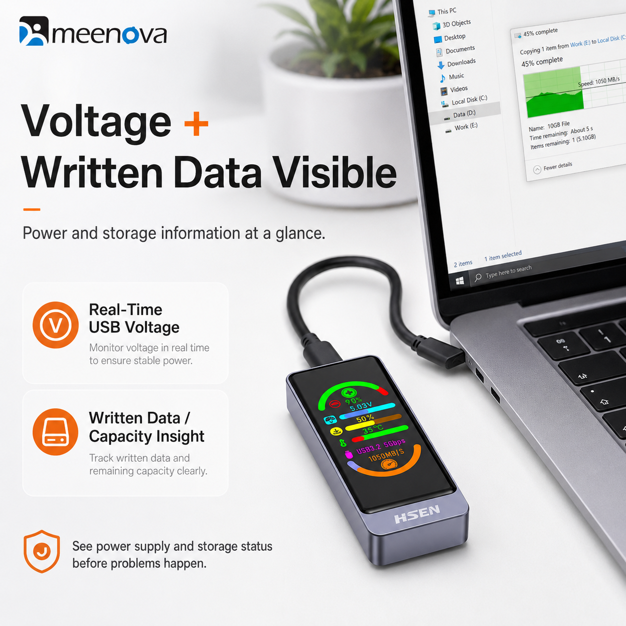 Meenova Smart Color Display M.2 SSD Enclosure, USB 3.2 Gen 2 10Gbps, NVMe/SATA, Real-Time Drive Health & Speed Monitor, Touch Encryption Options