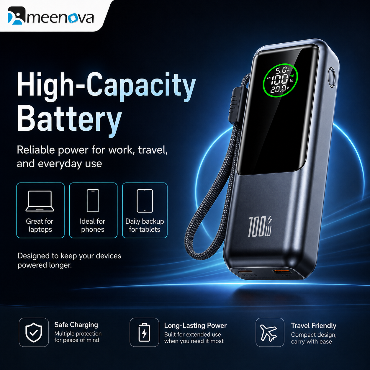 Meenova A57 100W USB-C Power Bank with Built-in Cable & LED Display 2,0000mAh – Multi-Port Fast Charger for Laptop, Tablet & Phone