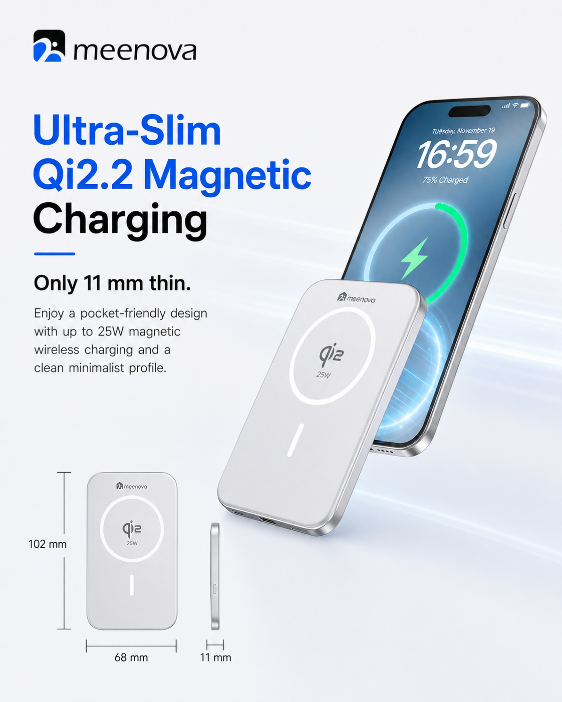 Meenova Qi2.2 25W Ultra-Slim Magnetic Power Bank – 35W USB-C Fast Charging, 5000mAh/10000mAh