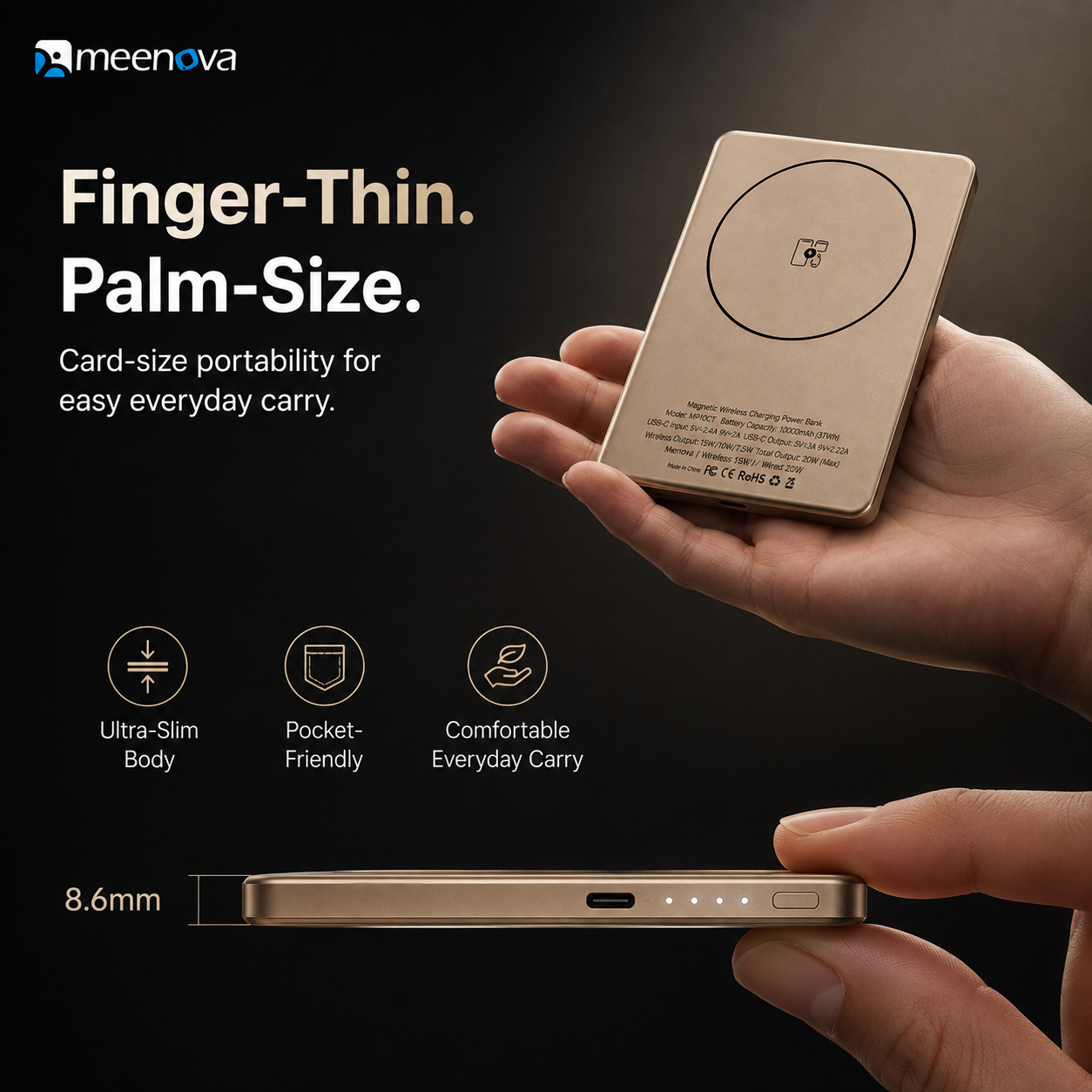 Meenova HDL-007 Ultra-Slim Magnetic Power Bank with Built-in USB-C Lanyard Cable, 15W Wireless Charging, 20W PD & TFT Display
