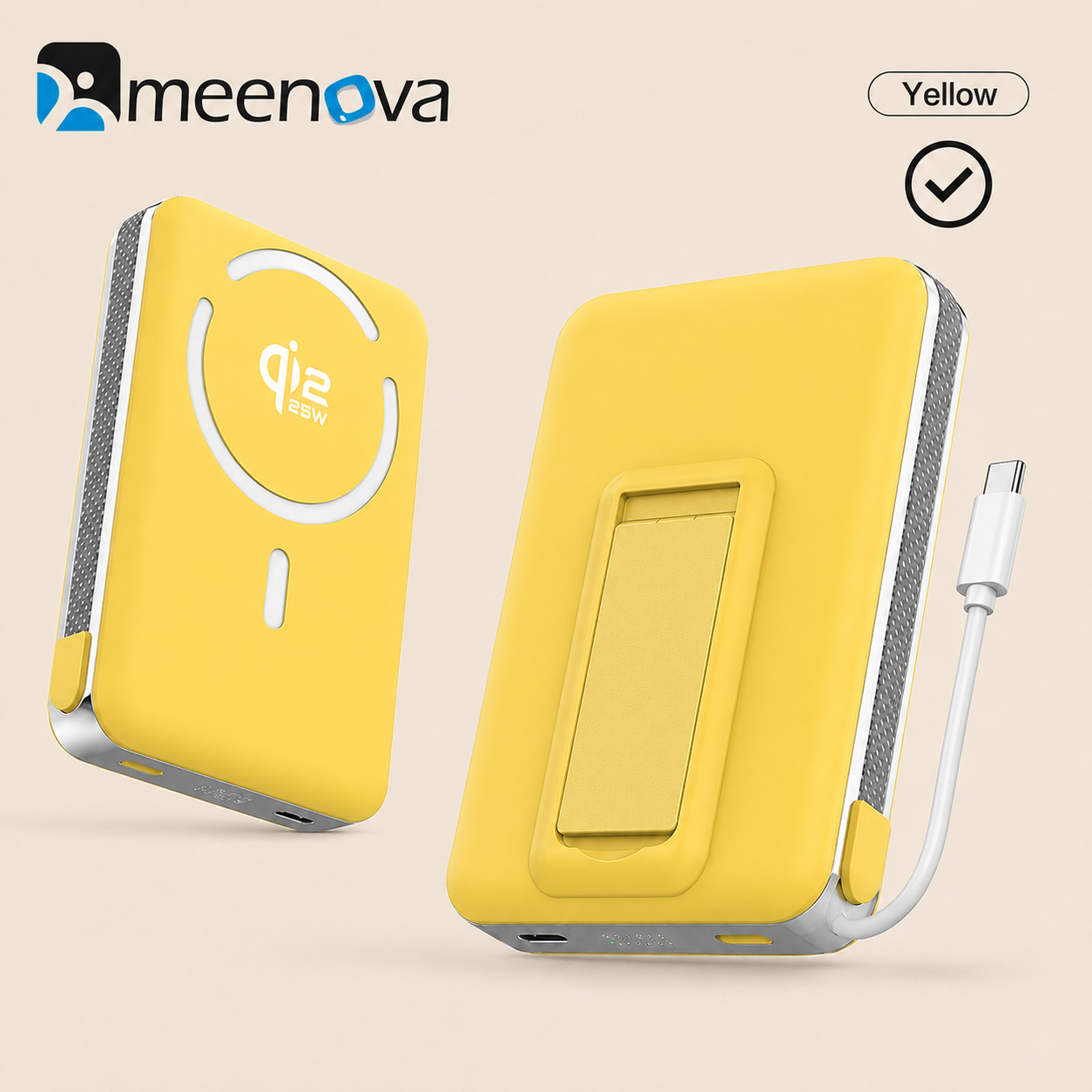 Meenova Qi2.2 25W Magnetic Power Bank 10000mAh with 35W PD Fast Charging, Detachable USB-C Cable & Kickstand