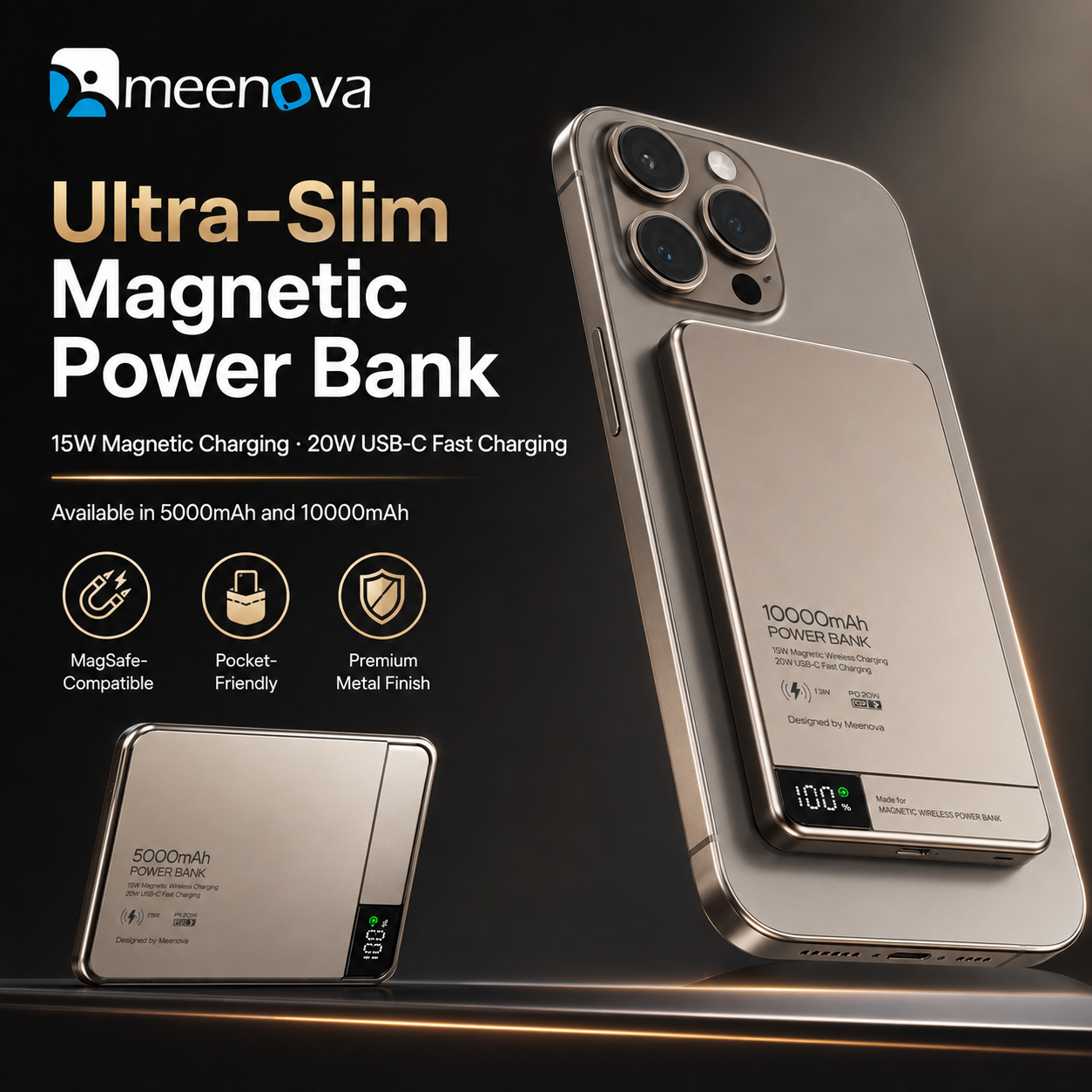 Meenova Ultra-Slim Magnetic Power Bank 5000mAh/10000mAh, 15W Wireless & 20W USB-C PD Fast Charging, Aluminum Alloy Portable Battery Pack
