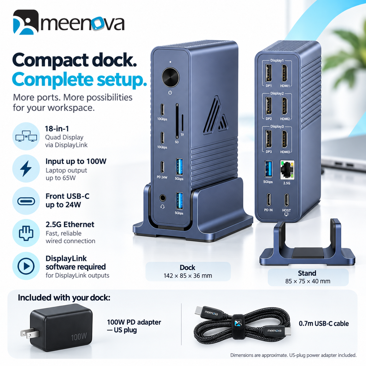 Meenova 18-in-1 DisplayLink USB-C Docking Station, 2.5GbE & 10Gbps USB, with 100W US-Plug Adapter