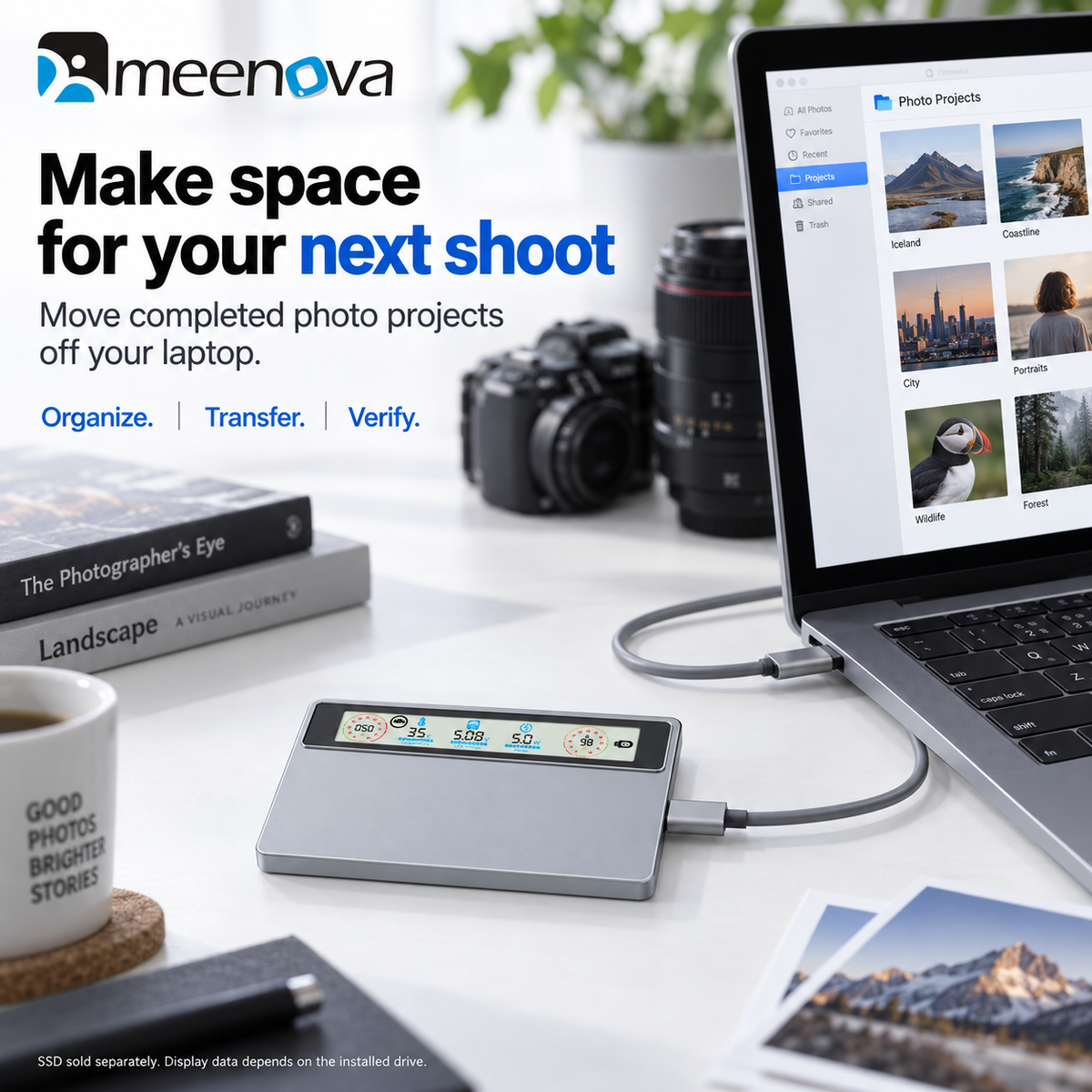 Meenova Smart Display M.2 NVMe SSD Enclosure, USB 3.2 Gen 2 10Gbps, Real-Time Speed, Health & Temperature Monitor, CNC Aluminum, 2230/2242/2260/2280