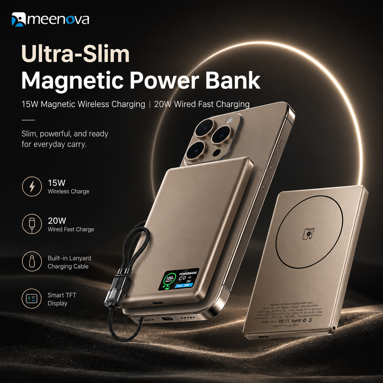 Meenova HDL-007 Ultra-Slim Magnetic Power Bank with Built-in USB-C Lanyard Cable, 15W Wireless Charging, 20W PD & TFT Display