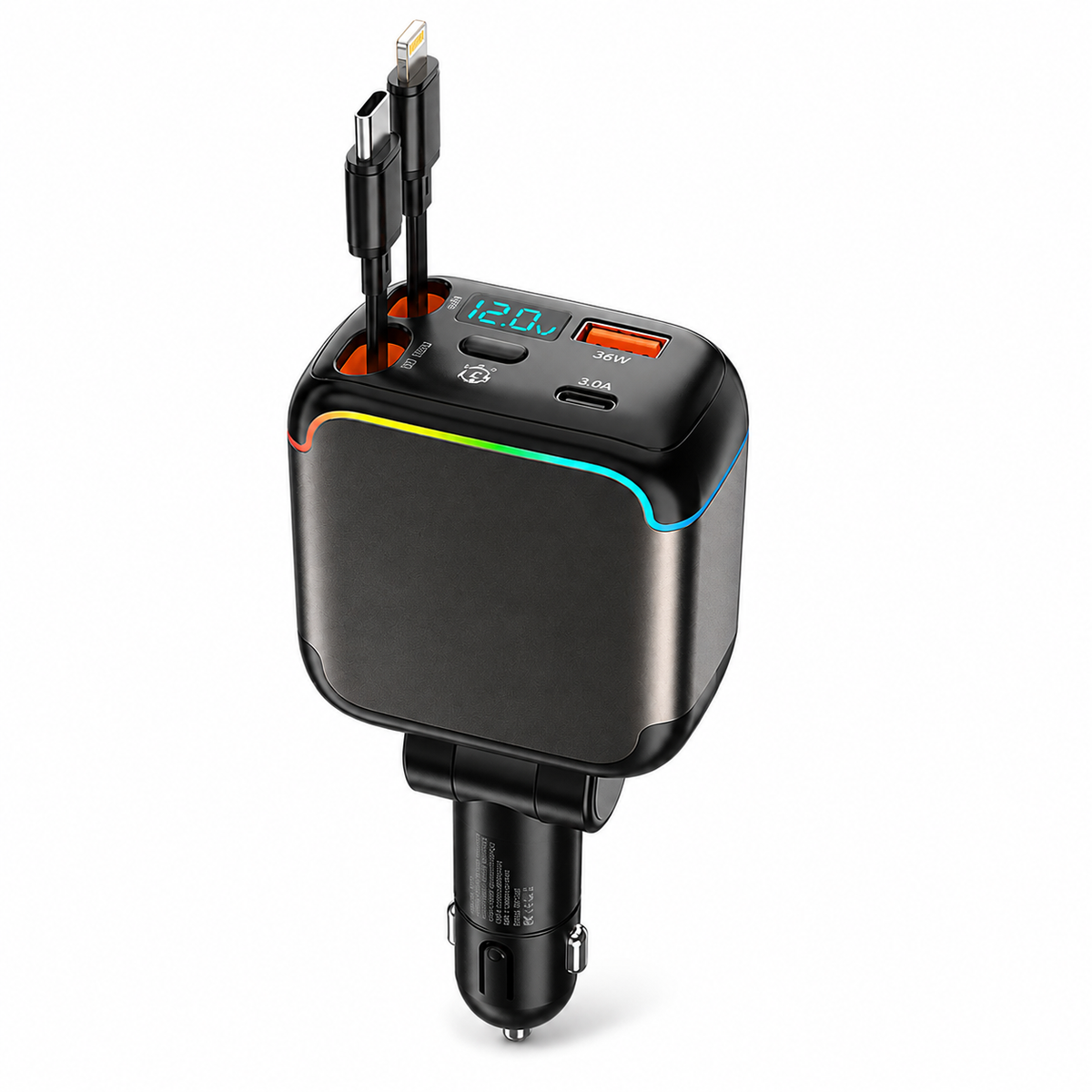 Meenova N28 137W 4-in-1 Retractable Car Charger with 65W USB-C Cable, Lightning-Compatible Cable, Voltage Display & Ambient Light